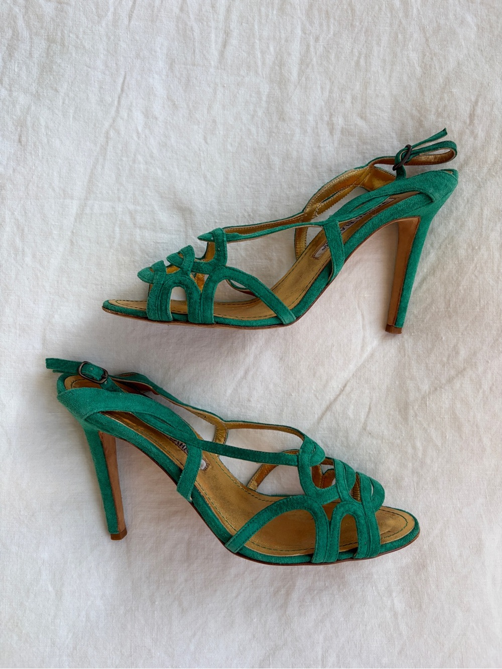 Vintage Manolo Blahnik Suede Strappy Loop Open Toe Heels Emerald Green - Picture 6 of 11